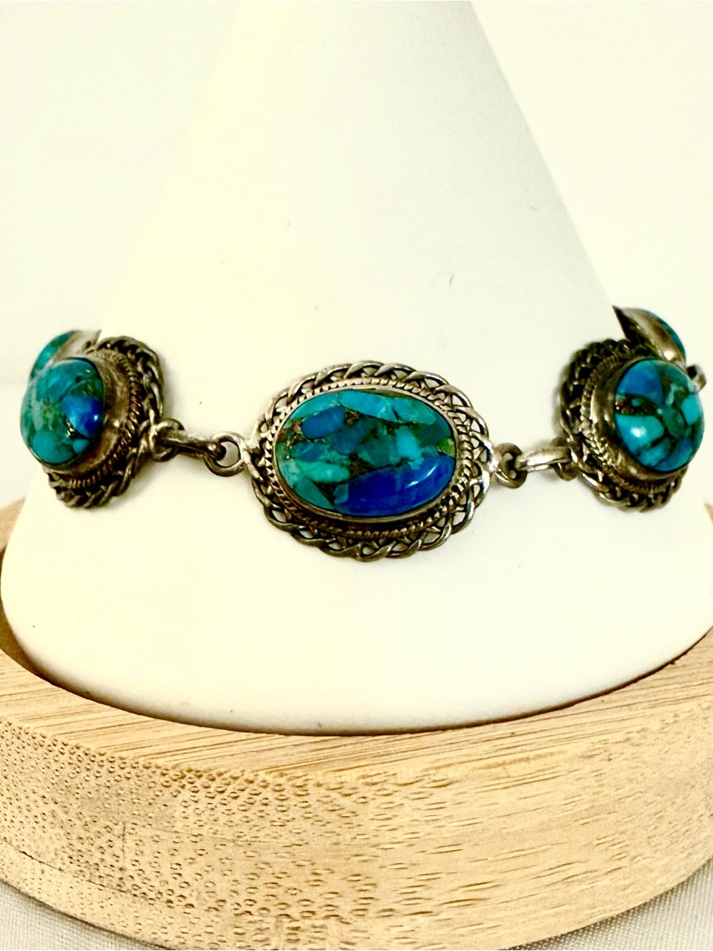 Blue Copper Turquoise 925 Sterling Silver 6 Stone Link Bracelet India NWT